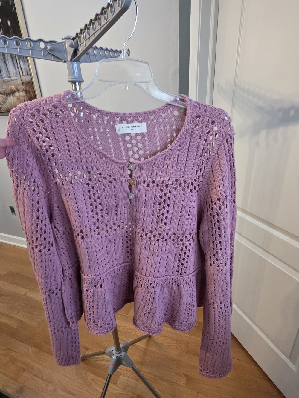 Lucky Brand Women's Mauve Open-Knit Button Front Sweater
